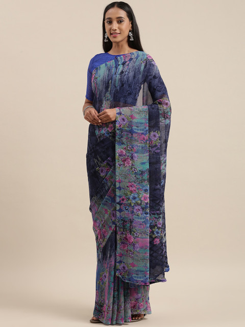 

KALINI Blue & Pink Floral Print Saree