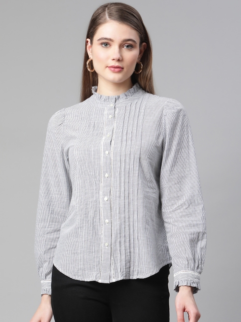 

Marks & Spencer Women Blue Striped Pure Cotton Shirt Style Top