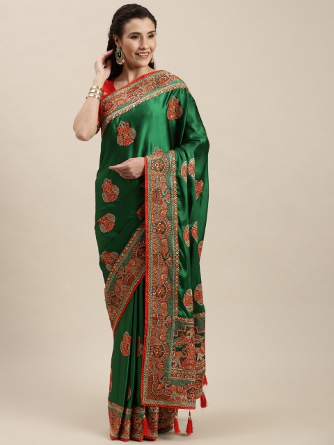 

Amrutam Fab Green & Orange Ethnic Motifs Embroidered Pure Silk Saree