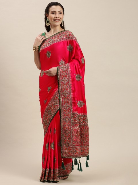 

Amrutam Fab Pink & Green Ethnic Motifs Embroidered Pure Silk Saree