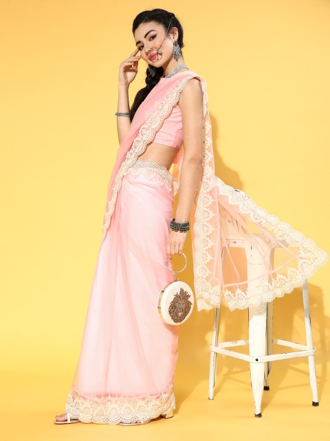 

Inddus Women Pink Embroidered Net Saree with Blouse Piece