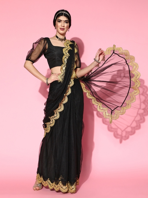 

Inddus Women Black Embroidered Net Saree with Blouse Piece