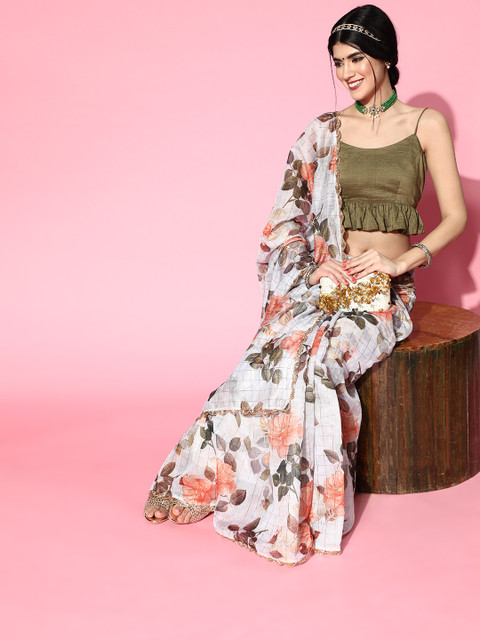 

Inddus Floral Saree with Embroidered Border, Grey