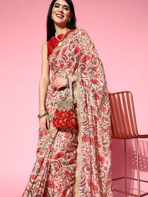 

Inddus Floral Saree with Embroidered Border, Off white
