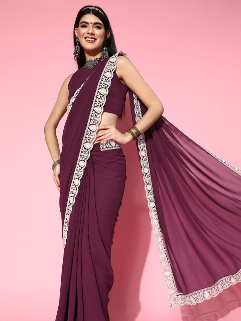 

Inddus Women Wine Georgette Saree with Embroidered Border, Mauve