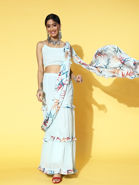 

Inddus Women Light Blue Printed Sharara Saree with Blouse Piece