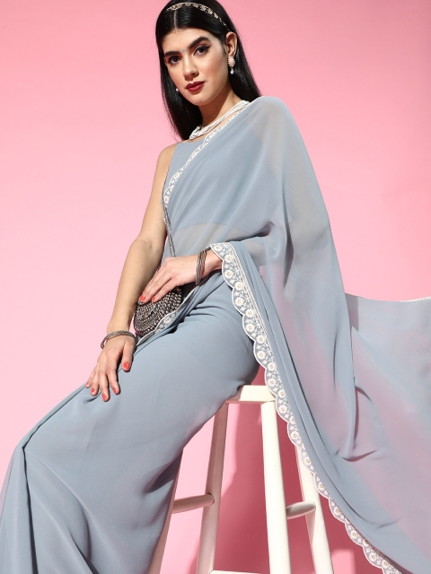 

Inddus Solid Saree with Embroidered Border, Blue