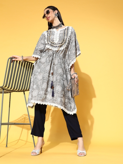 

Vbuyz Floral Pure Cotton Kaftan Kurta Set, Grey
