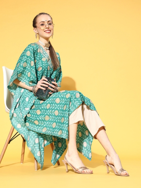 

Vbuyz Floral Art Silk Kaftan Kurta Set, Turquoise blue