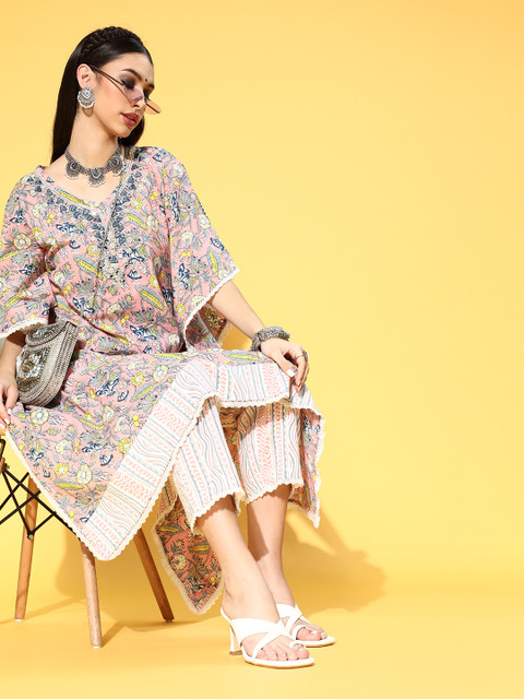 

Vbuyz Floral Pure Cotton Kaftan Kurta Set, Peach