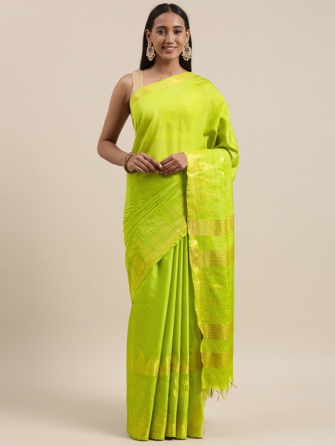 

swatika Green & Gold Solid Zari Silk Blend Bhagalpuri Saree