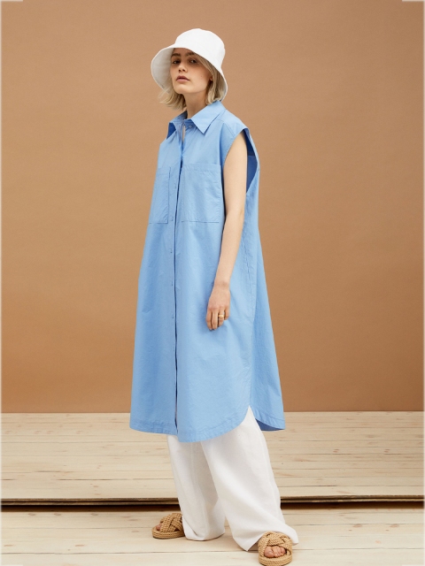 

H&M Women Blue Solid Pure Cotton Sleeveless Shirt Dress