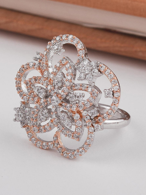 

Tistabene Silver-Toned & White Stone-Studded Floral Cocktail Ring