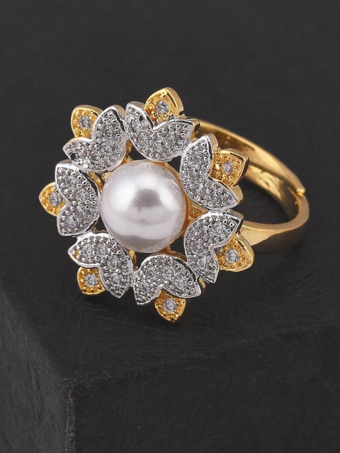 

Tistabene Gold-Plated White Pearl-Studded Two Tone Cocktail Ring