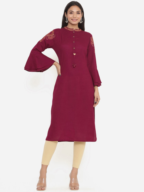 

PK Fashions Maroon Floral Embroidered Flared Sleeves Kurta