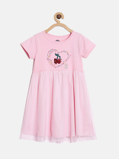 

YK Girls Pink Printed Sequined Cotton A-line Dress