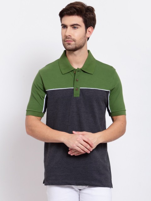 

Kalt Men Green Colourblocked Polo Collar Pockets T-shirt