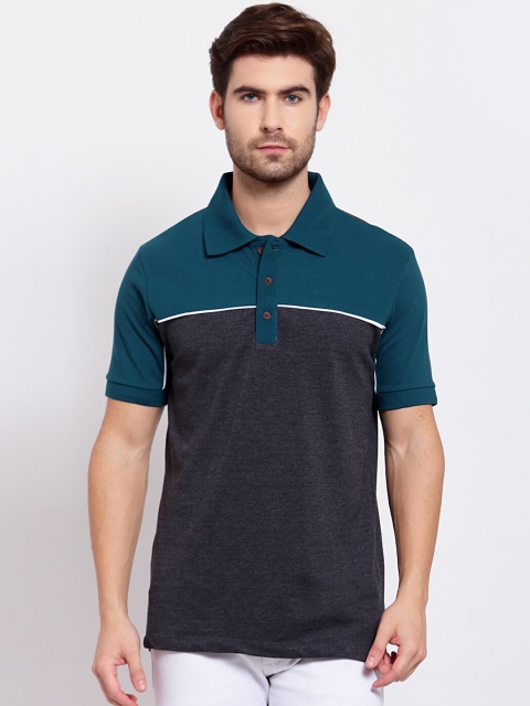 

Kalt Men Teal & Black Colourblocked Polo Collar T-shirt