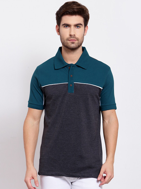 

Kalt Men Teal & Charcoal Grey Colourblocked Polo Collar T-shirt