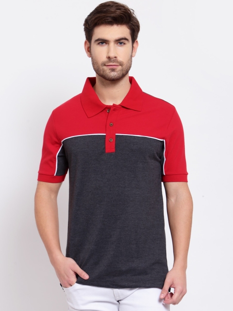 

Kalt Men Charcoal & Red Colourblocked Polo Collar T-shirt