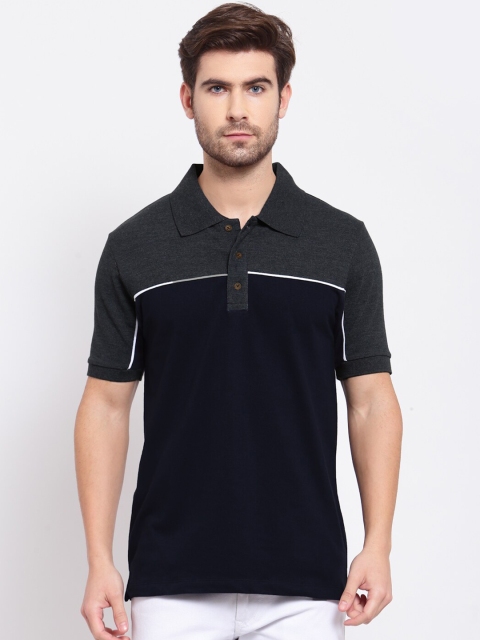 

Kalt Men Navy Blue & Grey Colourblocked Polo Collar T-shirt