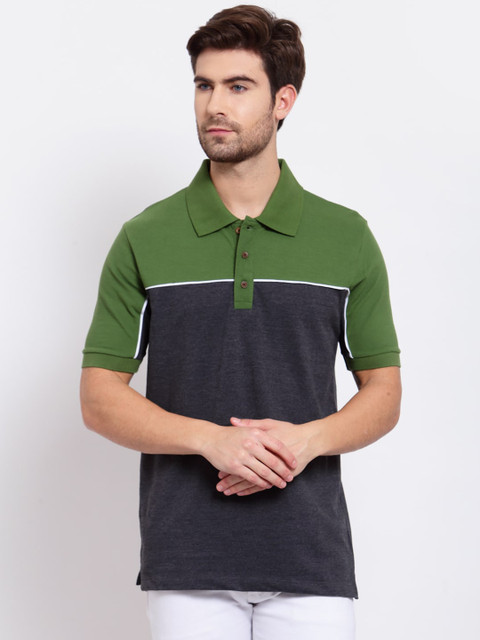 

Kalt Men Green Colourblocked Polo Collar T-shirt