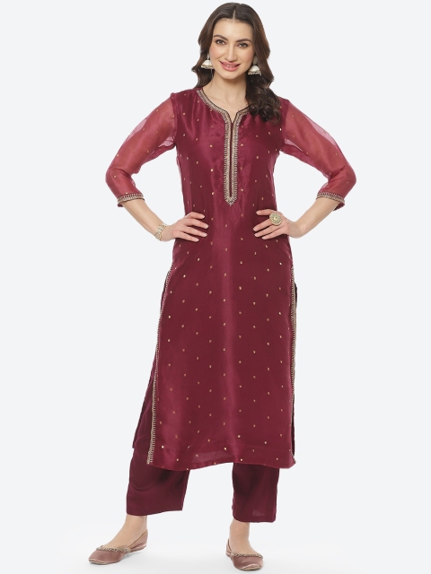 

Meena Bazaar Women Burgundy Printed Kurta with Trousers