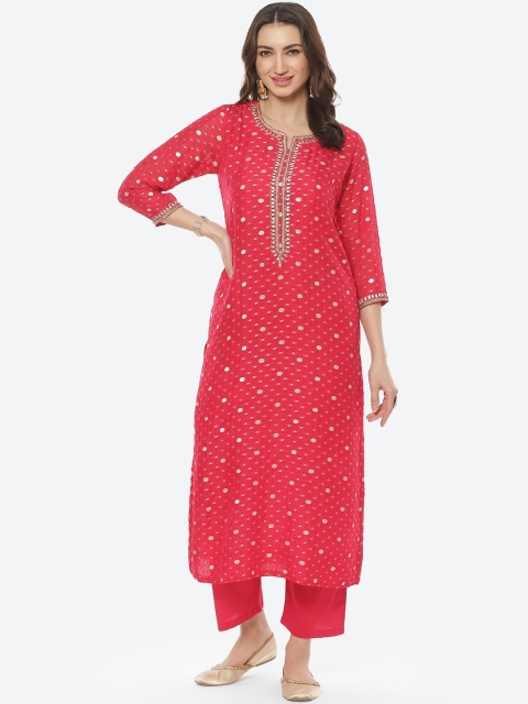 

Meena Bazaar Women Fuchsia Ethnic Motifs Printed Silk Georgette Kurta with Trousers