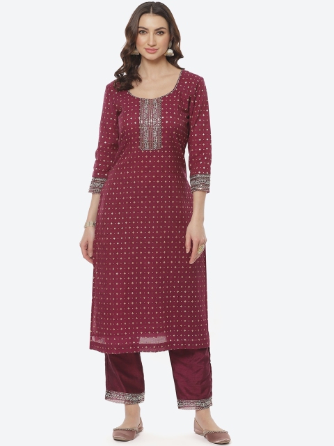 

Meena Bazaar Women Burgundy Floral Printed Pure Cotton Kurta with Trousers