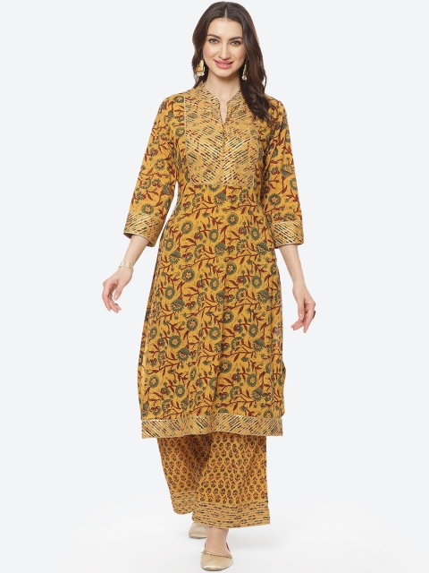 

Meena Bazaar Women Mustard Yellow Floral Printed Gotta Patti Pure Cotton Kurta with Palazzos