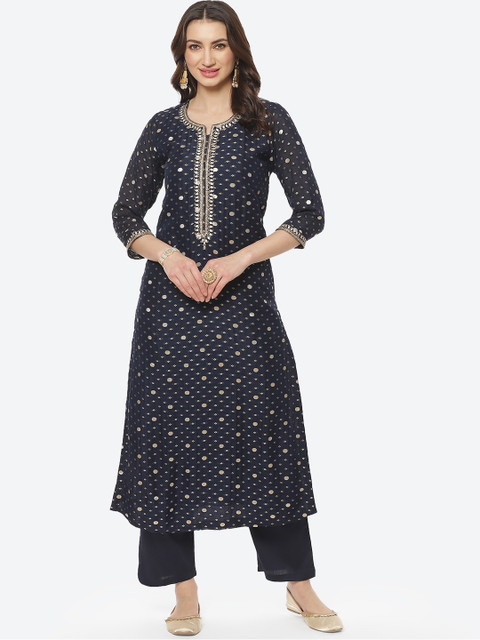 

Meena Bazaar Women Navy Blue & Gold-Toned Silk Georgette Kurta with Palazzos