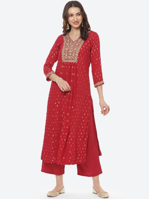 

Meena Bazaar Women Red Floral Printed Silk Crepe Kurti with Trousers