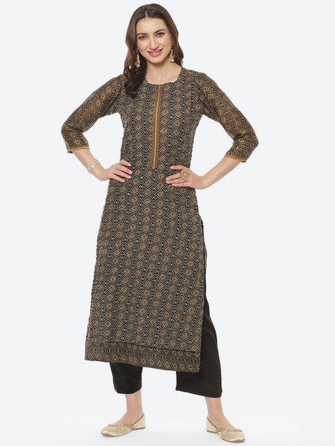 

Meena Bazaar Women Black Ethnic Motifs Printed Kurti with Trousers