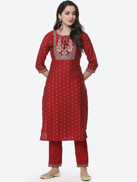

Meena Bazaar Women Maroon Floral Printed Thread Work Pure Cotton Kurta with Trousers