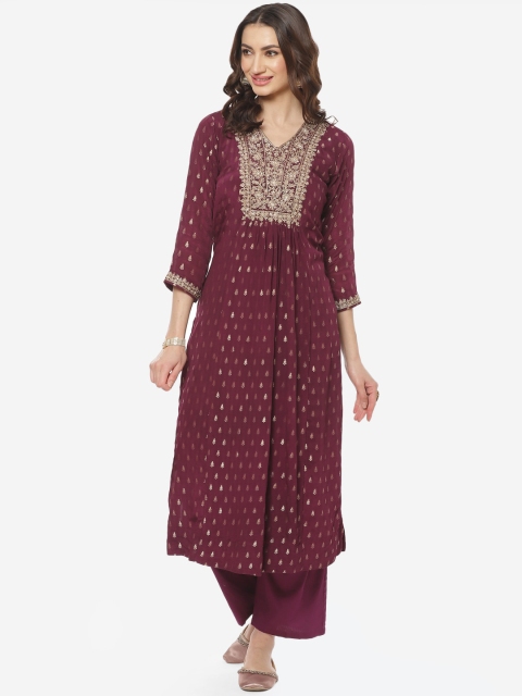 

Meena Bazaar Women Burgundy Ethnic Motifs Printed Silk Crepe Kurta with Trousers