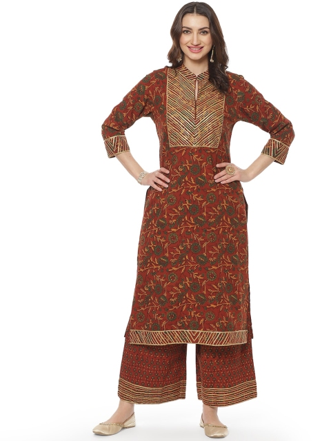 

Meena Bazaar Women Rust Bandhani Printed Gotta Patti Pure Cotton Kurta with Palazzos