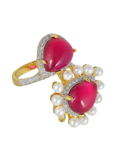 

Tistabene Gold-Plated Pink & White Beaded Contemporary Cocktail Ring