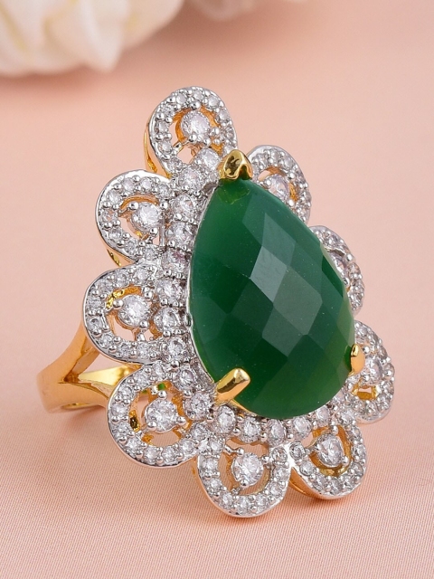 

Tistabene Green & Gold-Plated Floral Stone Studded Ring