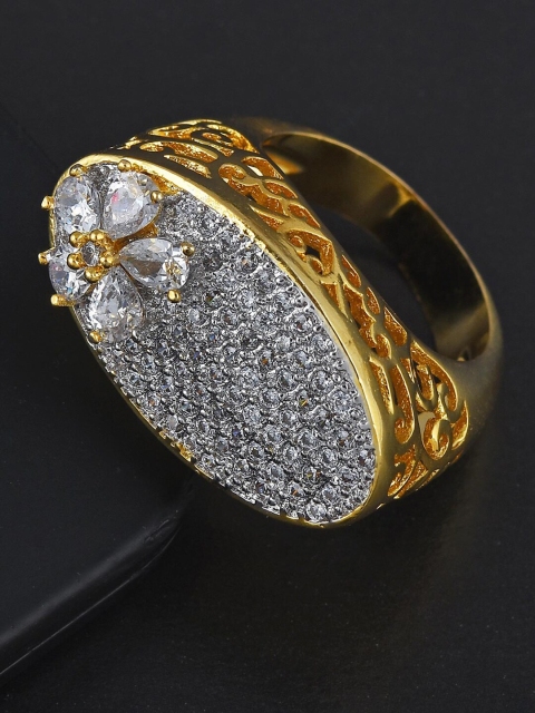 

Tistabene Gold-Plated White American Diamond-Studded Floral Designer Statement Ring