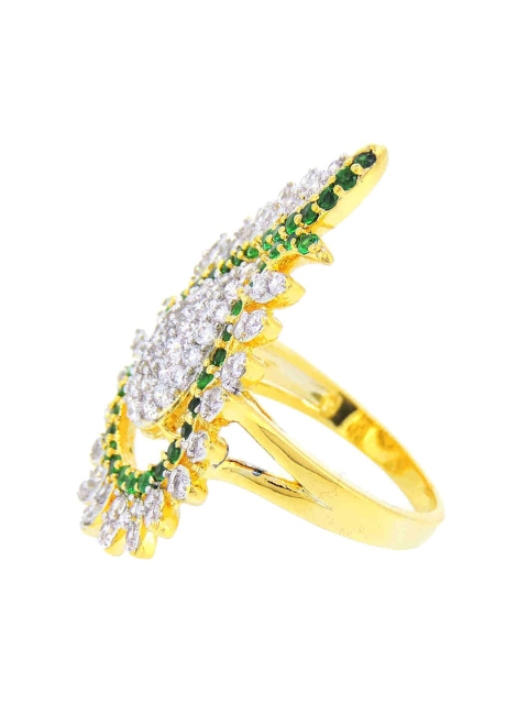 

Tistabene Green & Gold-Plated Floral Stone Studded Cocktail Finger Ring