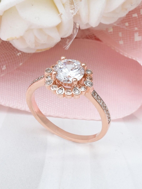 

Tistabene Rose Gold-Plated White Stone-Studded Floral Solitaire Ring