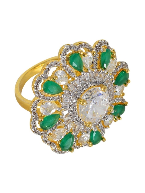 

Tistabene Green & Gold-Plated Stone-Studded Floral Shaped Cocktail Finger Ring
