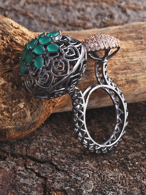 

Tistabene Green & Rhodium-Plated Stone Studded Ring