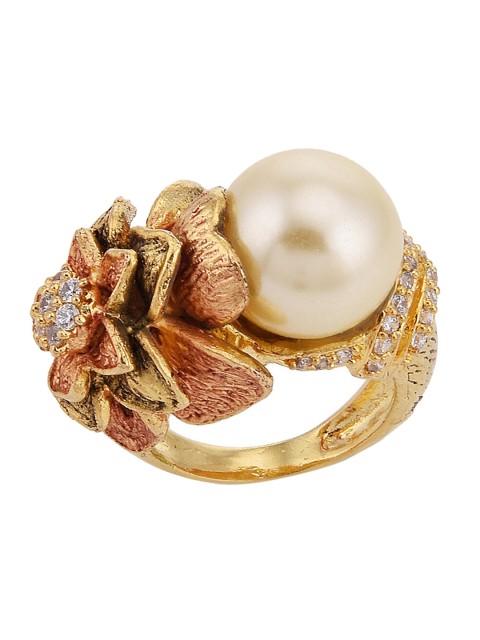

Tistabene Gold-Plated White Pearl- Beaded Antique Floral Designer Cocktail Ring
