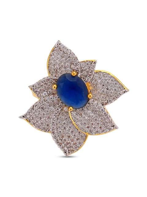 

Tistabene Gold-Plated Blue & White Stone Studded Floral Designer Cocktail Ring