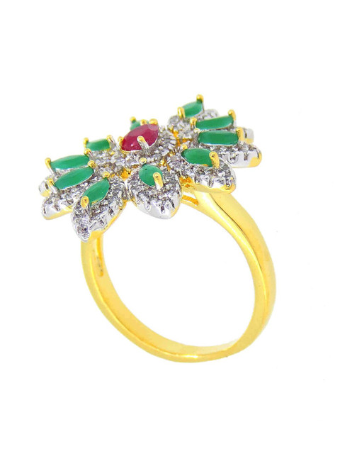 

Tistabene Women Gold-Plated Green & Red Stone Studded Floral Finger Ring