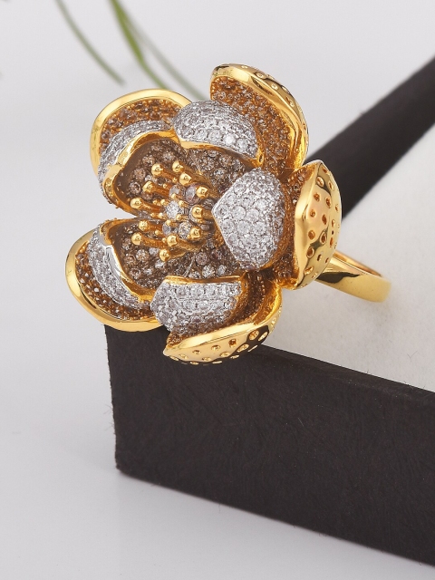 

Tistabene Women Floral-Shaped Stone Studded Two Tone Plated Cocktail Ring, White
