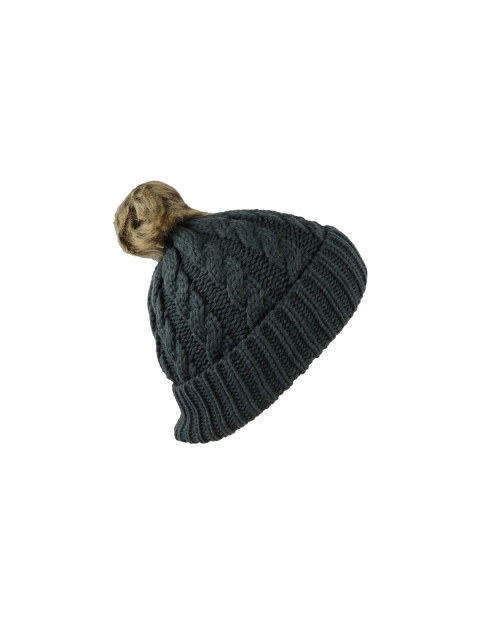 

Bunnywave Women Woolen Grey & Beige Pom-Pom Cap with Fur