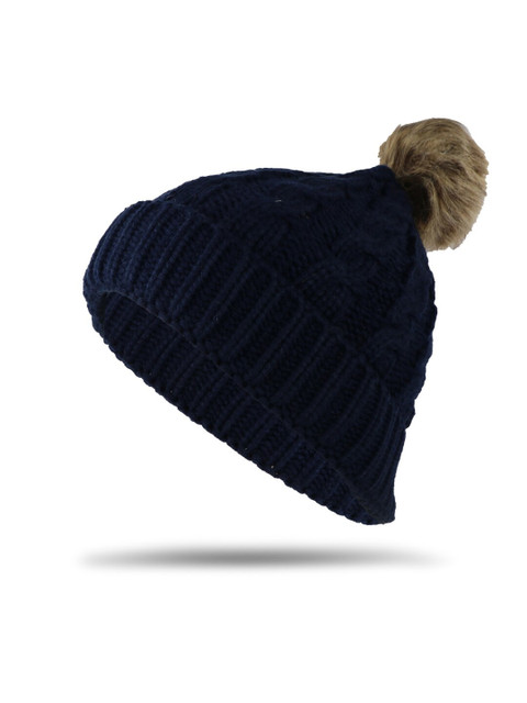 

Bunnywave Women Blue & Beige Beanie Pom-Pom Cap with Fur inside
