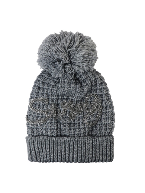 

Bunnywave Women Grey Pom-Pom Beanie with Fur inside